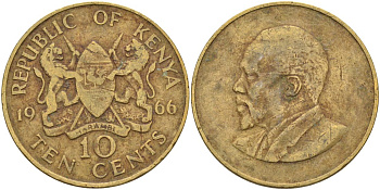 Кения 10 центов 1966 Джомо Кениата KM 2 никель латунь 4590-1034
