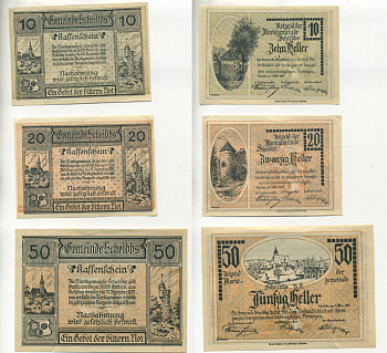 АВСТРИЯ НАБОР ИЗ 3 БАНКНОТ 1920 1 МАЯ 1920-31 ДЕКАБРЯ 1920, НОТГЕЛЬД, 10, 20, 50 ГЕЛЛЕРОВ, SCHEIBBS бумага XF 7217-17-2