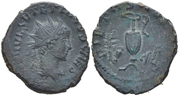 Римская Империя, императоры в Галлии антониниан 273 - 274 Тетрик II, C PIV ESV TETRICVS CAES, бюст цезаря / PIETAS AVGG, понтификальные атрибуты, Августа Треверов RIC 254 биллон 1073-20-94