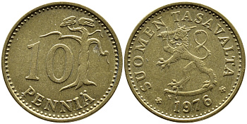 ФИНЛЯНДИЯ 10 ПЕННИ 1976 K KM 46 алюминиевая бронза 76-111