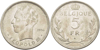 Бельгия 5 франков 1936 Леопольд III (1934-1951), Belgique KM 118 никель 3851-441