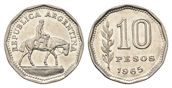 Аргентина 10 песо 1965 Гауч KM 60 сталь плакированная никелем 4663-654