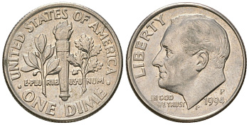 США 10 центов (дайм) 1994 P, президент Рузвельт KM 195a медь плкированный медно-никелем 4549-1117