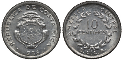 Коста-Рика 10 сентимо 1958 KM 185.1a сталь UNC M53-06