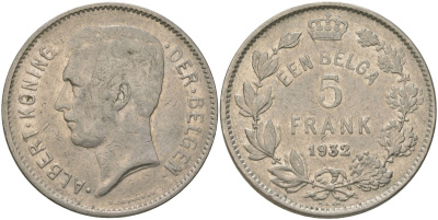 Бельгия 5 франков 1932 Belgen, Альберт I (1909-1934) KM 98 никель 4157-1133