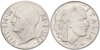 ИТАЛИЯ 20 ЧЕНТЕЗИМО 1941 R, ГОД XIX, ВИКТОР ЭММАНУИЛ III (1900-1946) KM 75b, VEM3. 1028 нержавеющая сталь 3853-614
