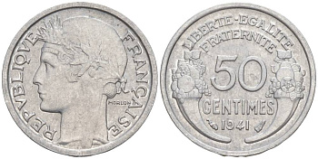 ФРАНЦИЯ 50 САНТИМОВ 1941 ТИП MORLON LOURDE KM 894.1a, LE FRANC 193.2 алюминий 44-227