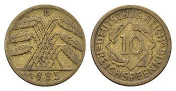 Германия 10 рейхспфеннигов 1925 D KM 40, J. 317 алюминиевая бронза 4651-735