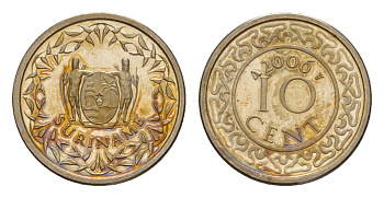 Суринам 10 центов 2006 тираж 1500 экземпляров KM 13a медно-никель BU 4649-1016