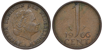 НИДЕРЛАНДЫ 1 ЦЕНТ 1966 ЮЛИАНА KM 180 бронза 45-425