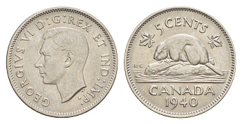 Канада 5 центов 1940 бобр, Георг VI (1936-1952) KM 33 никель 4639-422