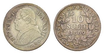 Папская область 10 сольдо 1869 R, Пий IX (1846-1878) KM 1386 серебро 633-421