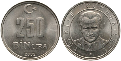 ТУРЦИЯ 250000 ЛИР 2002 АТАТЮРК KM 1137 медь никель цинк UNC 181-455