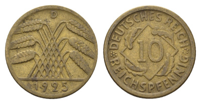 Германия 10 рейхспфеннигов 1925 D KM 40, J. 317 алюминиевая бронза 4651-735