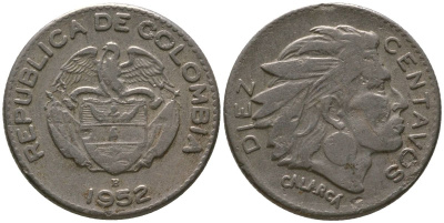 Колумбия 10 сентаво 1952 B KM 212.1, Restrepo 380.1 медно-никель 4576-955