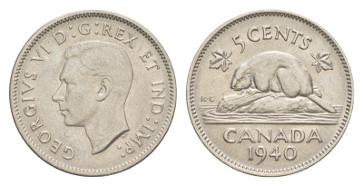 Канада 5 центов 1940 бобр, Георг VI (1936-1952) KM 33 никель 4639-422