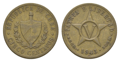 Куба 5 сентаво 1943 KM 11.3a латунь 4623-665