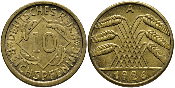 ГЕРМАНИЯ 10 РЕЙХСПФЕННИГОВ 1926 А KM 40, J. 317, Weege 9 алюминиевая бронза 51-616