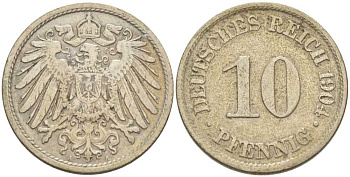 Германия 10 пфеннигов 1904 A KM 12, J. 13, Weege 8 медно-никель 259-846