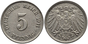 Германия 5 пфеннигов 1911 J KM 11, Jager 12, Weege 6 медно-никель 4547-525