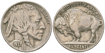 США 5 центов 1937 индеец, бизон KM 134 медно-никель 4602-364