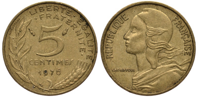 ФРАНЦИЯ 5 САНТИМОВ 1976 ТИП MARIANNE KM 933, LE FRANC 125.12 алюминиевая бронза VF 4181-169
