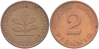ФРГ 2 ПФЕННИГА 1972 J KM 106a, J.381a сталь плакированная сталь плакированная медьюю 4396-1564