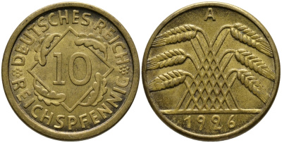 ГЕРМАНИЯ 10 РЕЙХСПФЕННИГОВ 1926 А KM 40, J. 317, Weege 9 алюминиевая бронза 51-616