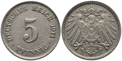Германия 5 пфеннигов 1911 J KM 11, Jager 12, Weege 6 медно-никель 4547-525