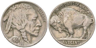 США 5 центов 1937 индеец, бизон KM 134 медно-никель 4602-364