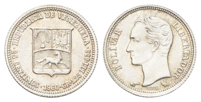 Венесуэла 25 сентимо 1960 год-тип Y 35a серебро UNC 4668-1122
