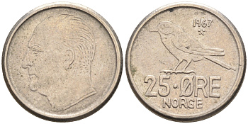 Норвегия 25 эре 1967 Улаф V (1958-1991), синица KM 407 медно-никель 4588-329