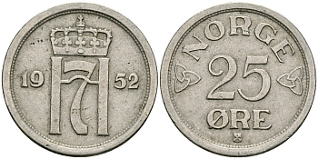 НОРВЕГИЯ 25 ЭРЕ 1952 KM 401 медно-никель 84-928