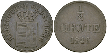 Ольденбург 1/2 гротена 1846 KM 175(С44) медь 99-852
