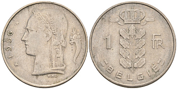 БЕЛЬГИЯ 1 ФРАНК 1956 BELGIE KM 143.1 медно-никель 4563-1216