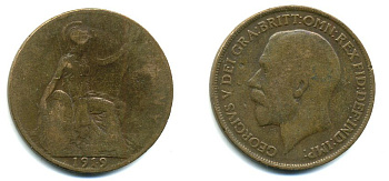 Великобритания 1 пенни 1919 Георг V (1910-1936) KM 810, Spink 4051 бронза 41-314