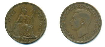 Великобритания 1 пенни 1939 Георг VI (1936-1952) KM 845, Spink 4114 бронза 4383-713