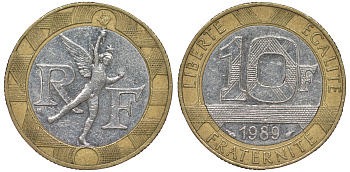 Франция 10 франков 1989 тип гений Бастилии KM 964.1, Le Franc 375.3 биметалл  45-642