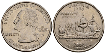США 25 центов = квотер 2000 D, серия штаты США, Вирджиния KM 309 медь плакированная медно-никелем 4603-1143