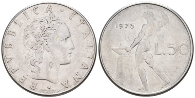 Италия 50 лир 1976 R, Бог огня Вулкан у наковальни KM 95.1 нержавеющая сталь 4577-456