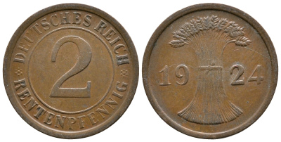 ГЕРМАНИЯ 2 РЕНТЕНПФЕННИГА 1924 A KM 31, J.307 бронза 73-1331