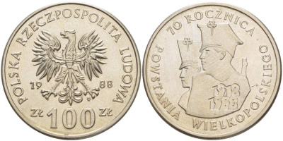 ПОЛЬША 100 ЗЛОТЫХ 1988 MW, 70 ЛЕТ ВЕЛИКОПОЛЬСКОГО ВОССТАНИЯ KM 182 медно-никель 4542-1026