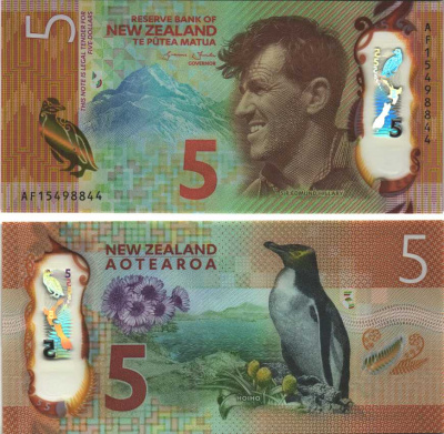 Новая Зеландия 5 долларов 2015 сэр Хилари, пингвин Pick 191 пластик UNC (пресс) 449-3-3