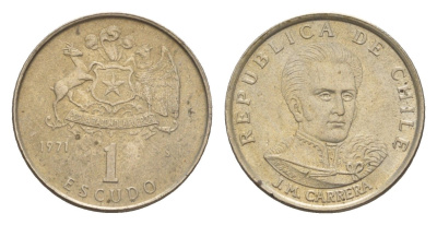 Чили 1 эскудо 1971 Хосе Мигель Каррера KM 197 медно-никель aUNC 4655-916
