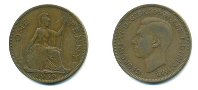 Великобритания 1 пенни 1939 Георг VI (1936-1952) KM 845, Spink 4114 бронза 4383-713