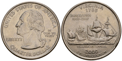 США 25 центов = квотер 2000 D, серия штаты США, Вирджиния KM 309 медь плакированная медно-никелем 4603-1143