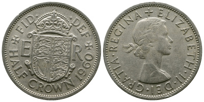Великобритания 1/2 кроны 1960 Елизавета II (1952-2022) KM 907, Spink 4145 медно-никель 4381-344