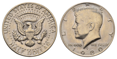США 1/2 доллара (50 центов) 1980 P, Джон Кеннеди KM A202b медь плакированная медно-никелем UNC 4672-611