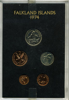 Фолклендские острова набор из 5 монет 1974 в оригинальной пластиковой упаковке, тираж 20000 экз. KM PS 1 PROOF 7-5-1-11