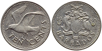 Барбадос 10 центов 1980 смеющаяся (Ацтекская) чайка KM 12 медно-никель 4396-1224